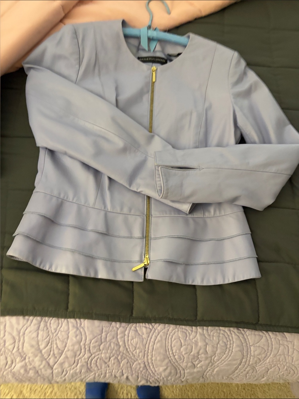 Dana Buchman Pastel Blue Peplum Leather Jacket with Gold Zipper